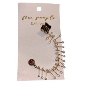 NWT Free People Ear Party stone stud with Gold pearl slide bar chain